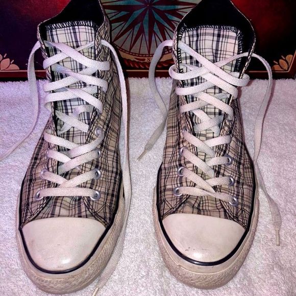 RETRO Y2K 2009 PLAID BLACK AND WHITE STRIPE CONVERSE - Picture 1 of 4